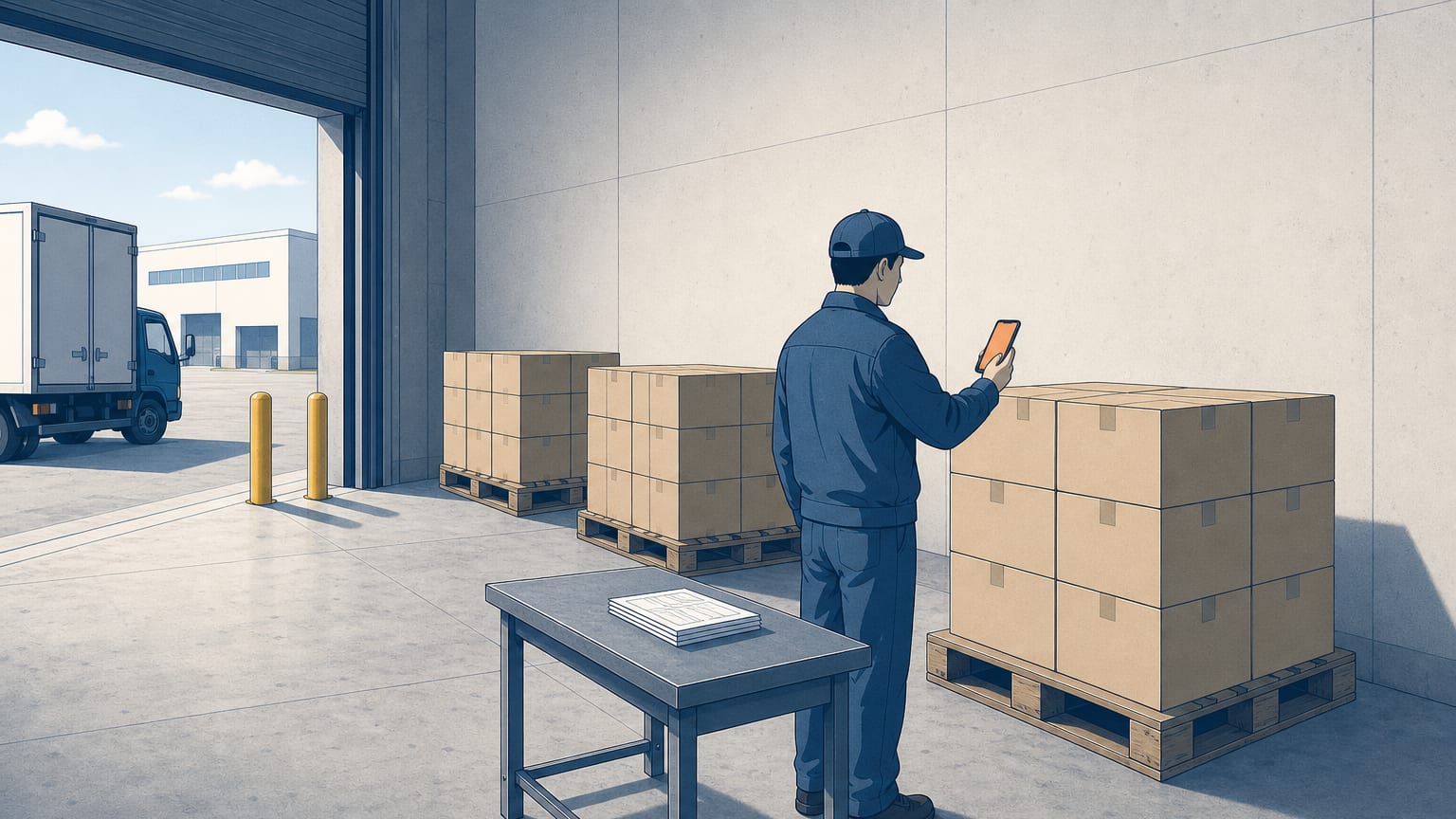 倉庫の荷受けエリア。右手のコンクリート壁際に段ボール箱を積んだ木製パレットが3組並び、左奥のシャッター開口の外にはトラックが停まっている。手前の金属製の受入台には紙の伝票が数枚重ねて置かれ、その脇で作業着の人が背を向けて立ち、手に持ったスマートフォンを一番手前のパレットの箱にかざしている