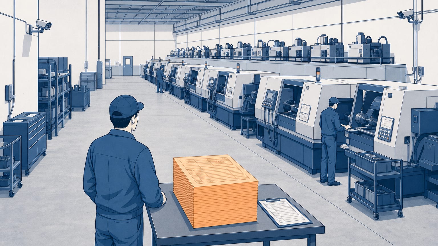 工場の床に並んだ2本の製造ラインと、手前の作業台に置かれた日報用紙の束とクリップボード。作業着の人が後ろ姿でラインのほうを見ている様子