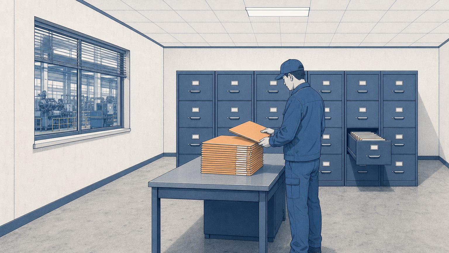 工場事務所の記録保管室。奥の壁際にスチール製の書類キャビネットが並び、引き出しが1つ開いている。手前の金属製の机には紙のファイルが厚く積まれ、その脇で作業着の人が横向きに立ち、山から1冊を抜き出している